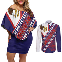 American Samoa Flag Day Couples Matching Off Shoulder Short Dress and Long Sleeve Button Shirt Polynesian Tribal Tattoo Eagle Art