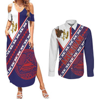 American Samoa Flag Day Couples Matching Summer Maxi Dress and Long Sleeve Button Shirt Polynesian Tribal Tattoo Eagle Art
