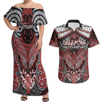 Aotearoa Iwi Ngapuhi Personalised Couples Matching Off Shoulder Maxi Dress and Hawaiian Shirt Maori Kowhaiwhai Pattern