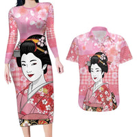 Japanese Geisha Cherry Blossom Couples Matching Long Sleeve Bodycon Dress and Hawaiian Shirt Pink Palaka Hawaii Pattern Fusion Design LT19 Pink - Polynesian Pride