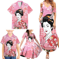 Japanese Geisha Cherry Blossom Family Matching Summer Maxi Dress and Hawaiian Shirt Pink Palaka Hawaii Pattern Fusion Design LT19 - Polynesian Pride