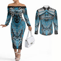 Aotearoa Iwi Ngati Porou Personalised Couples Matching Off The Shoulder Long Sleeve Dress and Long Sleeve Button Shirt Maori Kowhaiwhai Pattern
