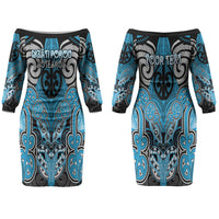 Aotearoa Iwi Ngati Porou Personalised Couples Matching Off The Shoulder Long Sleeve Dress and Long Sleeve Button Shirt Maori Kowhaiwhai Pattern