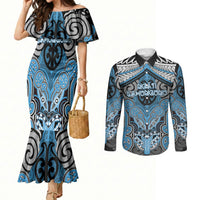 Aotearoa Iwi Ngati Kahungunu Personalised Couples Matching Mermaid Dress and Long Sleeve Button Shirt Maori Kowhaiwhai Pattern