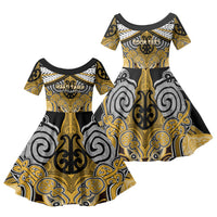 Aotearoa Iwi Ngati Tama Personalised Family Matching Off The Shoulder Long Sleeve Dress and Hawaiian Shirt Maori Kowhaiwhai Pattern