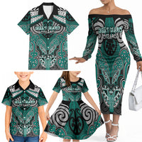 Aotearoa Iwi Ngati Maru Personalised Family Matching Off The Shoulder Long Sleeve Dress and Hawaiian Shirt Maori Kowhaiwhai Pattern