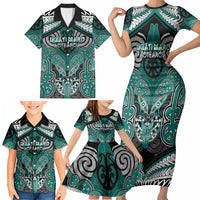 Aotearoa Iwi Ngati Maru Personalised Family Matching Short Sleeve Bodycon Dress and Hawaiian Shirt Maori Kowhaiwhai Pattern