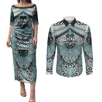 Aotearoa Iwi Ngati Paoa Personalised Couples Matching Puletasi and Long Sleeve Button Shirt Maori Kowhaiwhai Pattern
