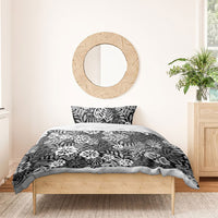 Black Aloha Hawaiian Bedding Set Monstera Hibiscus Tropical Pattern