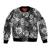 Black Aloha Hawaiian Bomber Jacket Monstera Hibiscus Tropical Pattern