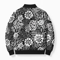 Black Aloha Hawaiian Bomber Puffer Jacket Monstera Hibiscus Tropical Pattern