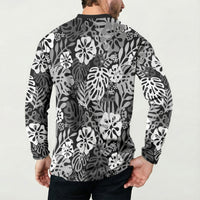 Black Aloha Hawaiian Button Sweatshirt Monstera Hibiscus Tropical Pattern