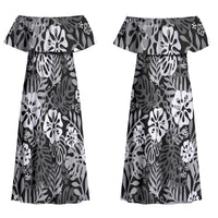 Black Aloha Hawaiian Couples Matching Off Shoulder Maxi Dress and Hawaiian Shirt Monstera Hibiscus Tropical Pattern