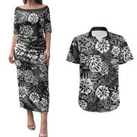 Black Aloha Hawaiian Couples Matching Puletasi and Hawaiian Shirt Monstera Hibiscus Tropical Pattern