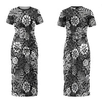 Black Aloha Hawaiian Couples Matching Short Sleeve Bodycon Dress and Long Sleeve Button Shirt Monstera Hibiscus Tropical Pattern
