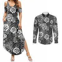 Black Aloha Hawaiian Couples Matching Summer Maxi Dress and Long Sleeve Button Shirt Monstera Hibiscus Tropical Pattern