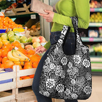 Black Aloha Hawaiian Grocery Bag Monstera Hibiscus Tropical Pattern