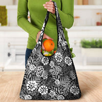Black Aloha Hawaiian Grocery Bag Monstera Hibiscus Tropical Pattern