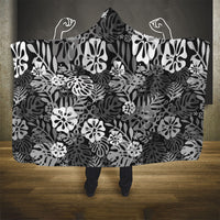 Black Aloha Hawaiian Hooded Blanket Monstera Hibiscus Tropical Pattern