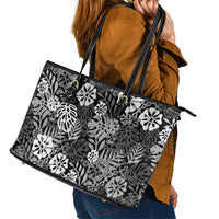 Black Aloha Hawaiian Leather Tote Bag Monstera Hibiscus Tropical Pattern
