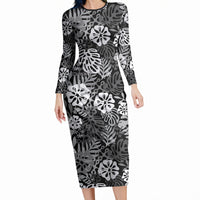 Black Aloha Hawaiian Long Sleeve Bodycon Dress Monstera Hibiscus Tropical Pattern
