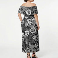 Black Aloha Hawaiian Off Shoulder Maxi Dress Monstera Hibiscus Tropical Pattern