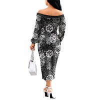 Black Aloha Hawaiian Off The Shoulder Long Sleeve Dress Monstera Hibiscus Tropical Pattern