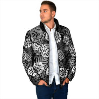 Black Aloha Hawaiian Padded Jacket Monstera Hibiscus Tropical Pattern