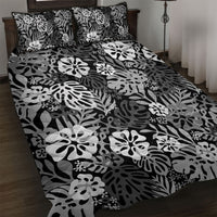 Black Aloha Hawaiian Quilt Bed Set Monstera Hibiscus Tropical Pattern