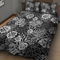 Black Aloha Hawaiian Quilt Bed Set Monstera Hibiscus Tropical Pattern