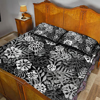 Black Aloha Hawaiian Quilt Bed Set Monstera Hibiscus Tropical Pattern