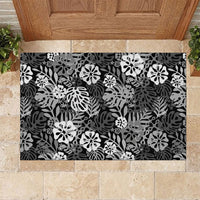 Black Aloha Hawaiian Rubber Doormat Monstera Hibiscus Tropical Pattern