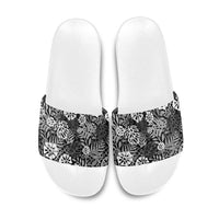 Black Aloha Hawaiian Slide Sandals Monstera Hibiscus Tropical Pattern