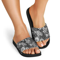 Black Aloha Hawaiian Slide Sandals Monstera Hibiscus Tropical Pattern