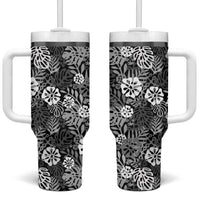 Black Aloha Hawaiian Tumbler With Handle Monstera Hibiscus Tropical Pattern