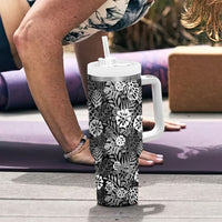Black Aloha Hawaiian Tumbler With Handle Monstera Hibiscus Tropical Pattern