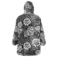 Black Aloha Hawaiian Wearable Blanket Hoodie Monstera Hibiscus Tropical Pattern