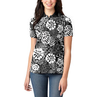 Black Aloha Hawaiian Women Polo Shirt Monstera Hibiscus Tropical Pattern