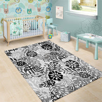 White Aloha Hawaiian Area Rug Monstera Hibiscus Tropical Pattern