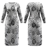 White Aloha Hawaiian Couples Matching Long Sleeve Bodycon Dress and Long Sleeve Button Shirt Monstera Hibiscus Tropical Pattern