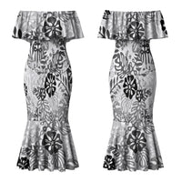 White Aloha Hawaiian Couples Matching Mermaid Dress and Long Sleeve Button Shirt Monstera Hibiscus Tropical Pattern