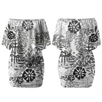 White Aloha Hawaiian Couples Matching Off Shoulder Short Dress and Long Sleeve Button Shirt Monstera Hibiscus Tropical Pattern
