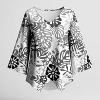 White Aloha Hawaiian Kimono Sleeve Blouse Monstera Hibiscus Tropical Pattern