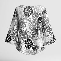 White Aloha Hawaiian Kimono Sleeve Blouse Monstera Hibiscus Tropical Pattern