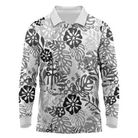 White Aloha Hawaiian Long Sleeve Polo Shirt Monstera Hibiscus Tropical Pattern