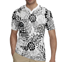 White Aloha Hawaiian Rugby Jersey Monstera Hibiscus Tropical Pattern