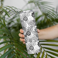 White Aloha Hawaiian Skinny Tumbler Monstera Hibiscus Tropical Pattern