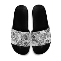 White Aloha Hawaiian Slide Sandals Monstera Hibiscus Tropical Pattern