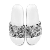 White Aloha Hawaiian Slide Sandals Monstera Hibiscus Tropical Pattern