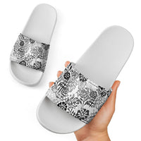 White Aloha Hawaiian Slide Sandals Monstera Hibiscus Tropical Pattern
